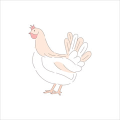 Easter day holiday hen. Happy farm animal outline. Hand drawing doodle element traditional spring celebration. Cartoon chicken isolated on white background. Flat vector illustration, editable stroke