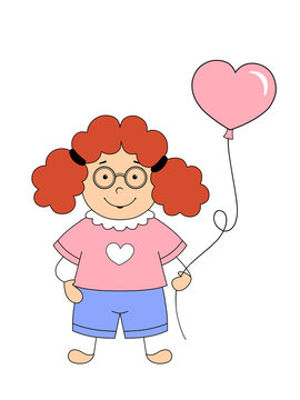 cartoon girl holding a heart balloon and wearing glasses
