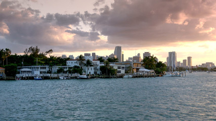 Beautiful evening view over the skyline of Miami in the evening