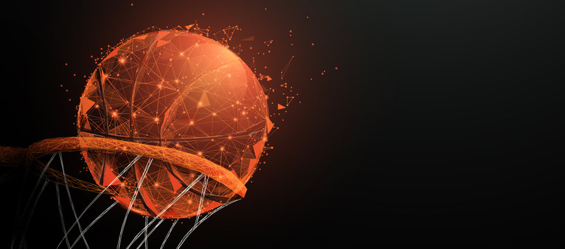 Basketball going through the basket from lines, triangles, particle, Low poly and wireframe design