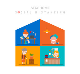 Social Distancing, Stay at home for safety during Covid-19 virus pandemic. Family keeping distance concept illustration. vector illustration in flat design style cartoon.