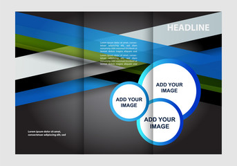 Template design of blue trifold brochure. Editable and light vector with places for photos. Proportionally A4
