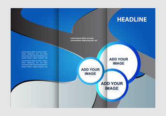 Template design of blue trifold brochure. Editable and light vector with places for photos. Proportionally A4
