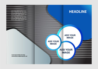 Template design of blue trifold brochure. Editable and light vector with places for photos. Proportionally A4
