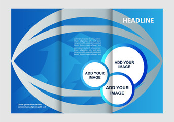 Template design of blue trifold brochure. Editable and light vector with places for photos. Proportionally A4
