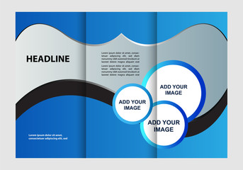 Template design of blue trifold brochure. Editable and light vector with places for photos. Proportionally A4
