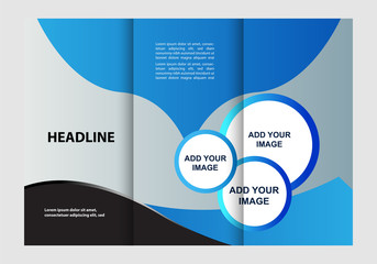 Template design of blue trifold brochure. Editable and light vector with places for photos. Proportionally A4
