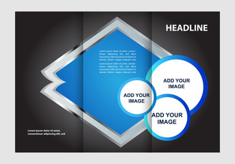 Template design of blue trifold brochure. Editable and light vector with places for photos. Proportionally A4
