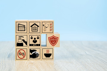 Coronavirus prevention icons on wooden toy block.Concepts for health and medical protect and COVID-19 insurance.