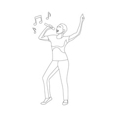 Black african woman singing with mic on hand. Karaoke microphone. Nightlife party club. Happy dance. Pop music. Jazz singer icon or sign or symbol. Music notes - Line art doodle illustration.