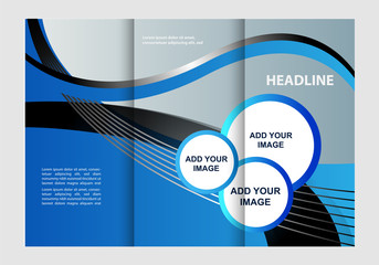 Template design of blue trifold brochure. Editable and light vector with places for photos. Proportionally A4
