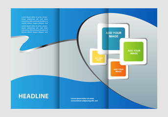 Template design of blue trifold brochure. Editable and light vector with places for photos. Proportionally A4
