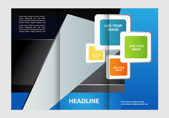 Template design of blue trifold brochure. Editable and light vector with places for photos. Proportionally A4
