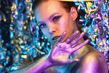 Neon night. Halloween Vape Party. Beautiful Sexy Young vamp Woman with glamorous mystical makeup...