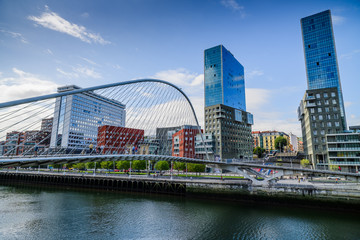 Campo Volantin Pedestrian Arch Bridge on the Nervi&oacute;n River in Bilbao. Basque country. Northern spain