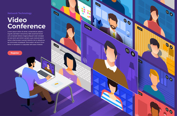 Illustrations flat design concept video conference. online meeting work form home. Vector illustrate.