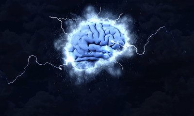 Conceptual of brainstorm, Brain in stormy cloudscape and lightning. super-brain, 3d rendering.