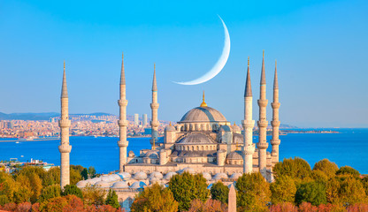 The Blue Mosque with crescent moon (new moon) -Sultanahmet, Istanbul, Turkey.