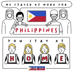 Covid-19 quotes from hospital workers with national flag : I stayed at work for you, You stay at home for us. : Vector Illustration