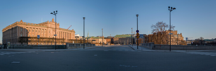 Naklejka premium An empty Stockholm in tourist areas with normally heavy traffic. Result of Corona and Covid disaster.
