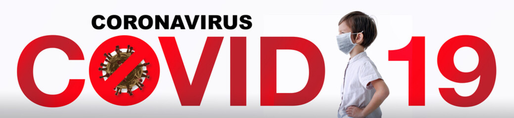 Young caucasian boy wearing a protection mask​ for​ prevent​ Corona​ virus​ .with Covid-19 sign on white background, healthy concept