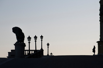 Silhouette of the lion and guard at the slop Lejonbacken at the royal castle in Stockholm.