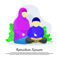 Family teach kid quran in fasting month flat illustration ramadhan kareem
