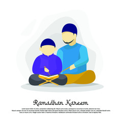 Family teach kid quran in fasting month flat illustration