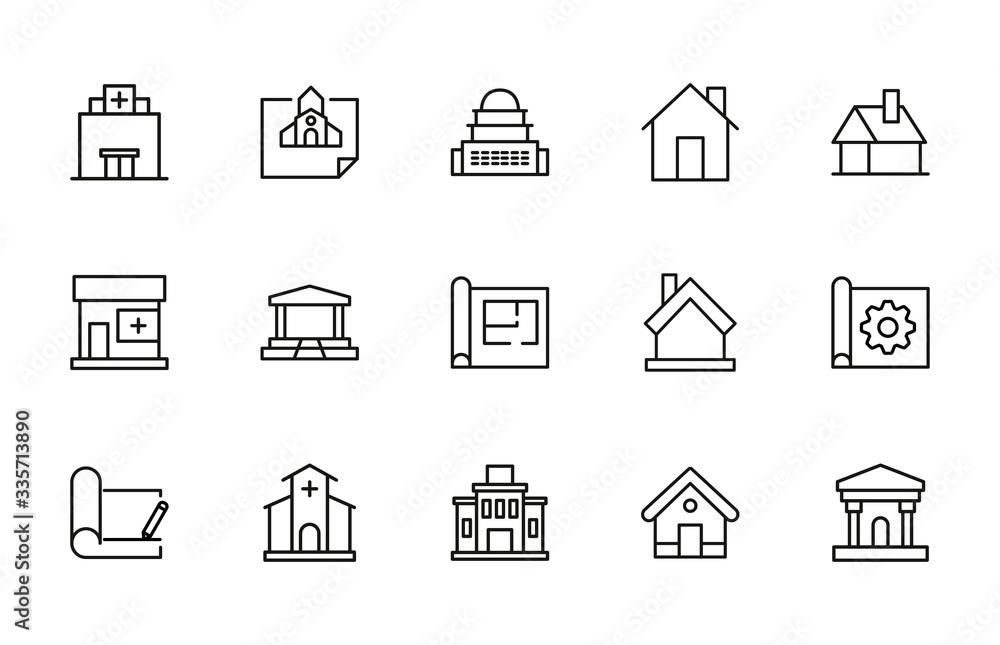 Poster big set of architecture line icons.
