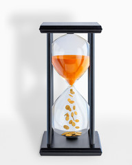 Time is money. Time in the hourglass turns into money. Investments, profits and income. A picture.