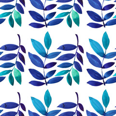 Fototapeta premium Seamless pattern watercolor blue branches with leaves creative hand-drawn background wrapping