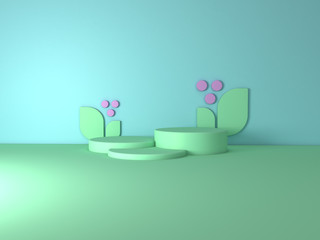 Minimal cool pastel podium with an abstract background of geometric leaves and berries. 3d render with realistic shadows. Stands for products. Abstract scene. Set 2