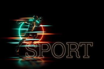 Sports background, a figure of a man in a running pose, on a neon background, dark background. Sports training, healthy lifestyle, competition, 3D render, 3D illustration, copy space.