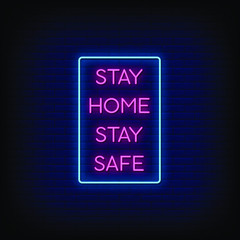 Stay Home Stay Safe Neon Signs Style Text Vector
