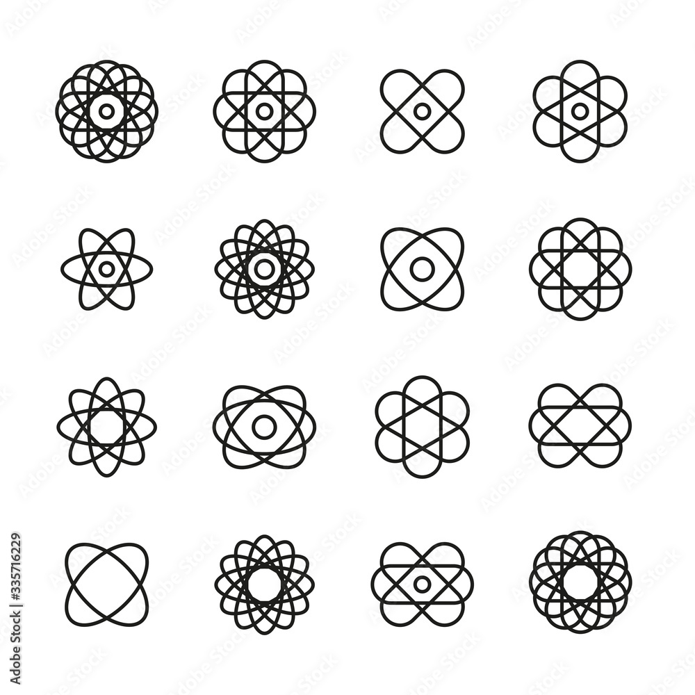 Poster set of atom related vector line icons.