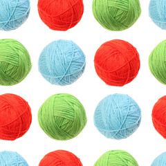 Seamless pattern. Clew of woolen thread isolated. Color ball of woolen. Red, green and blue knit. Knitting.
