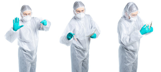 Biological viral hazard. The epidemic of the Chinese coronavirus. Mucina in a protective suit and mask holds a tube with a vaccine for injection. Vaccine for influenza, coronavirus, ebola, tuberculosi