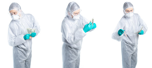 A corrupt scientist or doctor counts dollars. Money bribe for medicines. Isolated on a white background.