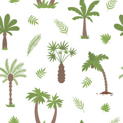 Vector tropical seamless pattern with palm trees. Jungle foliage digital paper. Hand drawn flat exotic background. Bright childish summer greenery texture..