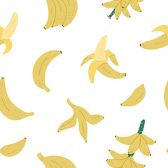 Vector tropical seamless pattern with banana fruit, bunch and twig. Jungle foliage digital paper. Hand drawn flat exotic background. Bright childish healthy summer food texture..