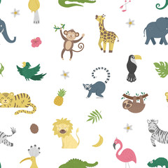 Obraz premium Vector seamless Pattern with cute exotic animals, leaves, flowers, fruits. Funny tropical repeat background with birds and plants. Bright flat illustration for children. Jungle summer texture.