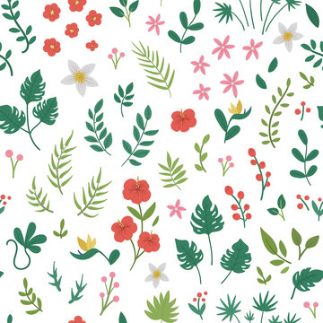 Vector tropical flowers leaves and twigs seamless pattern. Jungle foliage and florals texture. Hand drawn flat exotic plants digital paper. Bright childish summer greenery ornament..