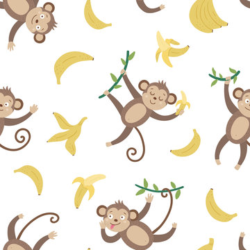 Vector seamless pattern with cute monkeys and bananas. Funny tropical animals and fruit digital paper. Bright flat background for children. Jungle summer texture.