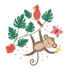 Obraz na płótnie Canvas Vector cute monkey hanging on liana with banana, parrot isolated on white background. Funny tropical animal, plants and fruit illustration. Bright flat picture for children. Jungle summer composition.