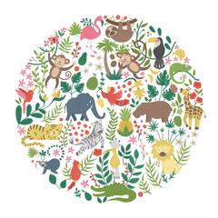 Vector round frame with cute exotic animals, leaves, flowers, fruits isolated on white background. Funny banner design with tropical birds and plants. Jungle summer card template.