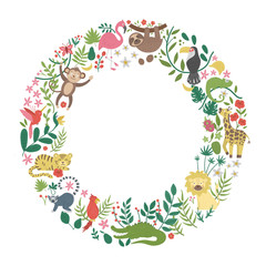 Vector round frame with cute exotic animals, leaves, flowers, fruits isolated on white background. Funny banner design with tropical birds and plants. Jungle summer card template.