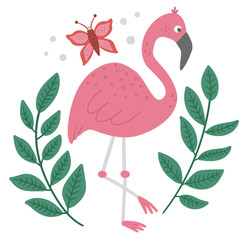 Vector cute composition with pink flamingo, tropical leaves and butterfly. Funny exotic bird illustration. Bright flat picture for children. Jungle summer clip art.