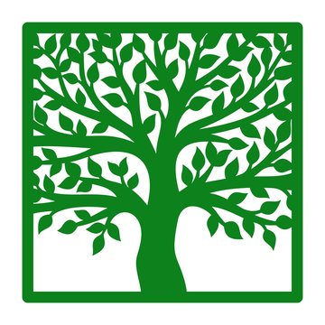 Silhouette of a branchy tree with leaves in a square frame. Green isolated object on a white background. Vector design element for plotter cutting, template for paper cut, plywood, cardboard.
