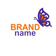 Fototapeta na wymiar Logo with a butterfly sitting in profile (sideways) on the text - brand name. Violet and orange colors. Simple vector icon or sign for business, corporate identity, spa and beauty salon, flower shop.