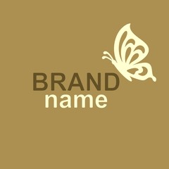Asymmetric logo with a beige butterfly sitting on the edge of the letter. Brown text Brand Name on gold background. Modern sign, logotype template for womens store, cosmetics, beauty salon, kids club.